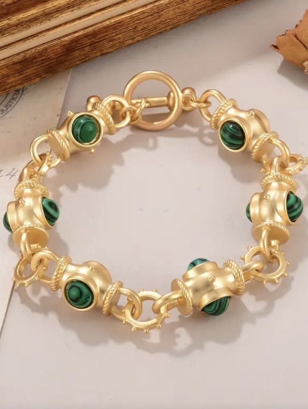 Gold Plated Matte Green Byzantine Toggle Bracelet